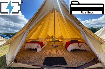 premium tent with real beds and power