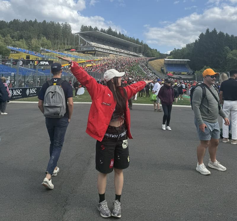 Photo of Heather enjoying herself at the belgain f1 grand prix