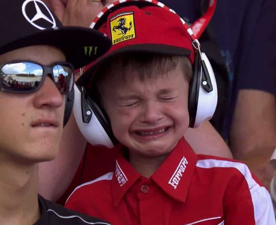 Upset child re Kimi Raikkonen's retirement from the Spanish Grand Prix