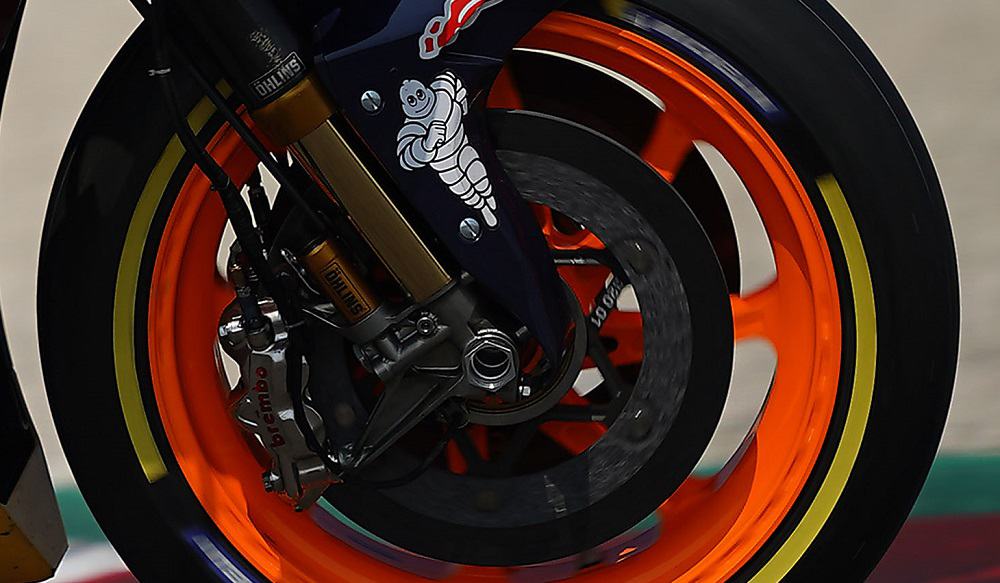 MotoGP front wheel showing Ohlins suspension and Brembo brakes