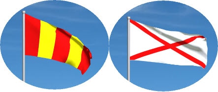 red/yellow and red cross motogp flags together