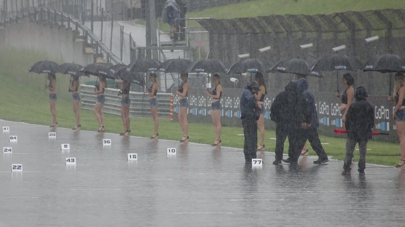 The start of the Moto3 race at Sachsenring in torrential rain