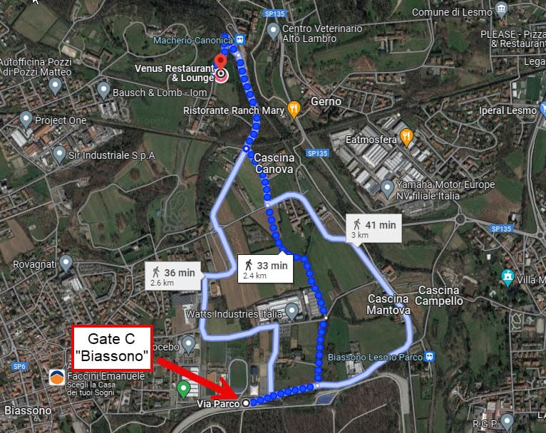 map showing the route to Gate C "Biassono" from the intentsgp campsite to the Monza F1 Grand Prix circuit