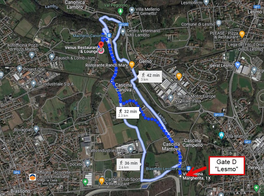 map showing the route to Gate D "Lesmo" from the intentsgp campsite to the Monza F1 Grand Prix circuit