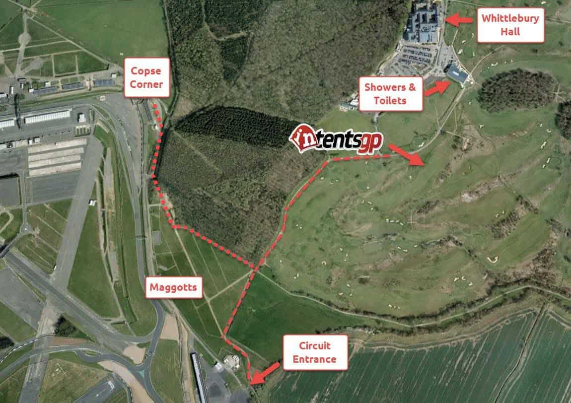 Detailed map of Silverstone & Whittlebury campsite showing intentsGP's location and facilities